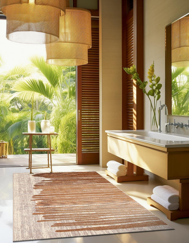 Beige Brown 9' x 12' Outdoor Modern Rectangle Area Rug Weather Resistant for Patio, Deck, Terrace, Balcony, Porch