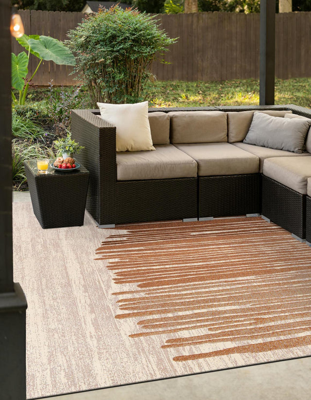 Beige Brown 7' 10 x 7' 10 Outdoor Modern Square Area Rug Weather Resistant for Patio, Deck, Terrace, Balcony, Porch 100% Polypropylene Modern Outside Carpet for Sale at Rug Engine