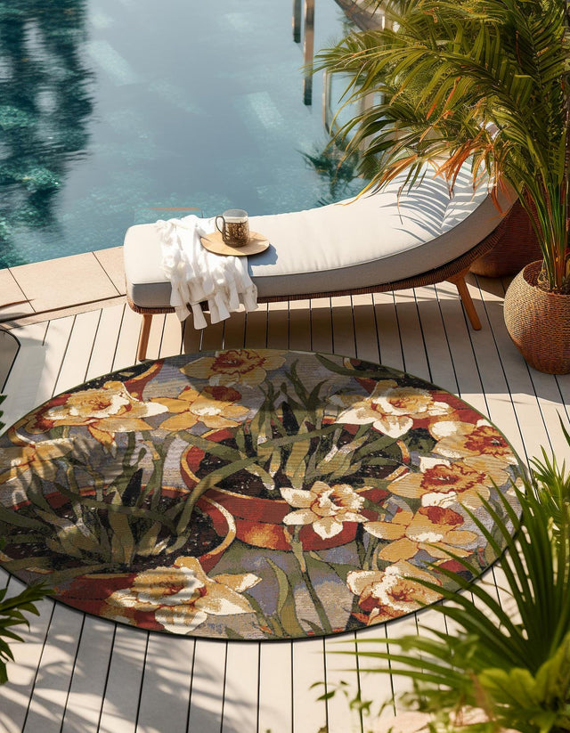 Multicolor 4' 1 x 4' 1 Outdoor Botanical Round Area Rug Weather Resistant for Patio, Deck, Terrace, Balcony, Porch Polypropylene Garden Floral Tropical Carpet for Sale at Rug Engine