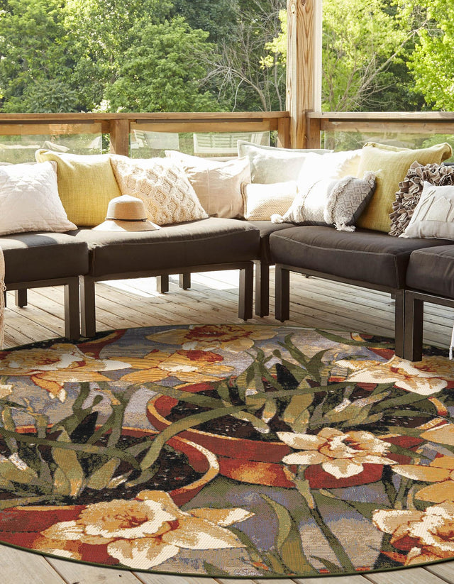 Multicolor 7' 10 x 7' 10 Outdoor Botanical Round Area Rug Weather Resistant for Patio, Deck, Terrace, Balcony, Porch Polypropylene Garden Floral Tropical Carpet for Sale at Rug Engine