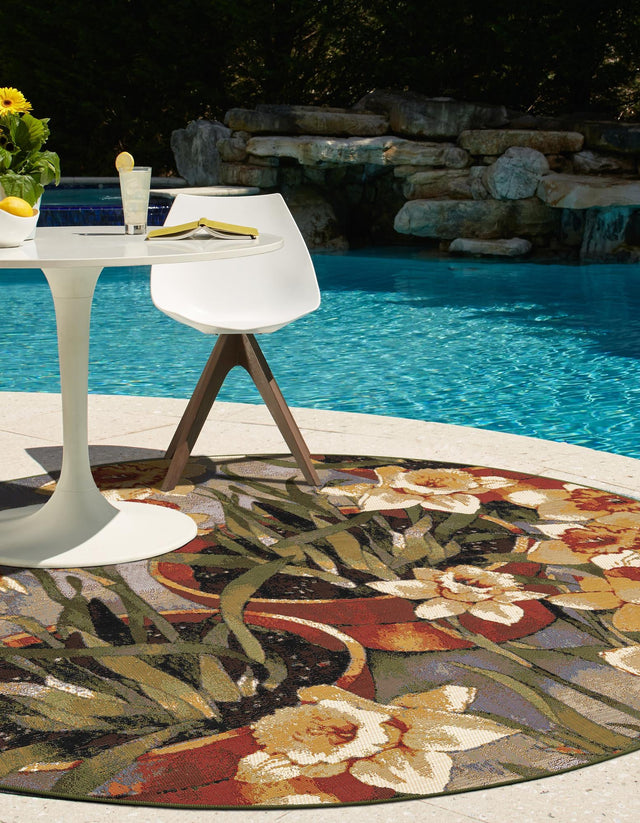 Multicolor 5' 1 x 5' 1 Outdoor Botanical Round Area Rug Weather Resistant for Patio, Deck, Terrace, Balcony, Porch Polypropylene Garden Floral Tropical Carpet for Sale at Rug Engine