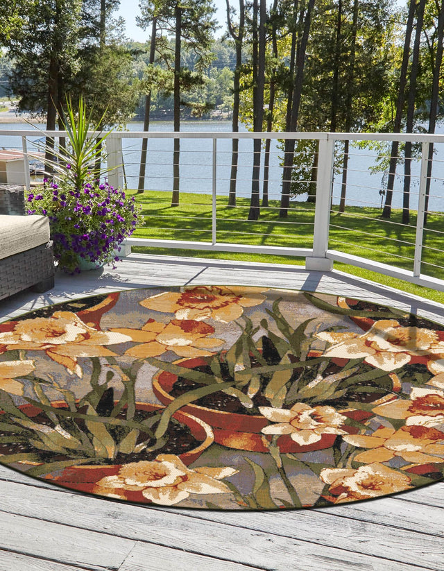 Multicolor 3' 1 x 3' 1 Outdoor Botanical Round Area Rug Weather Resistant for Patio, Deck, Terrace, Balcony, Porch Polypropylene Garden Floral Tropical Carpet for Sale at Rug Engine
