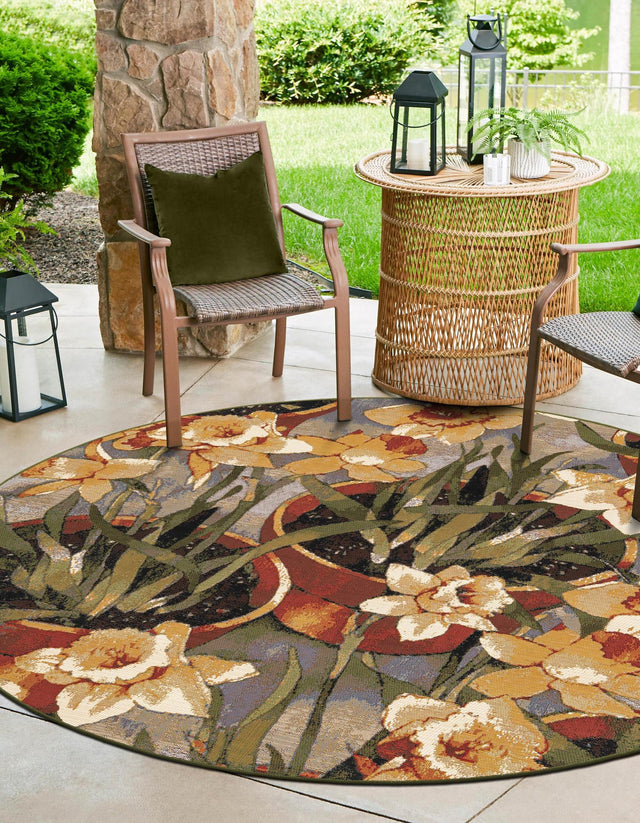 Multicolor 3' 1 x 3' 1 Outdoor Botanical Round Area Rug Weather Resistant for Patio, Deck, Terrace, Balcony, Porch Polypropylene Garden Floral Tropical Carpet for Sale at Rug Engine