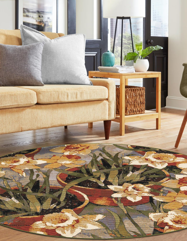 Multicolor 3' 1 x 3' 1 Outdoor Botanical Round Area Rug Weather Resistant for Patio, Deck, Terrace, Balcony, Porch Polypropylene Garden Floral Tropical Carpet for Sale at Rug Engine