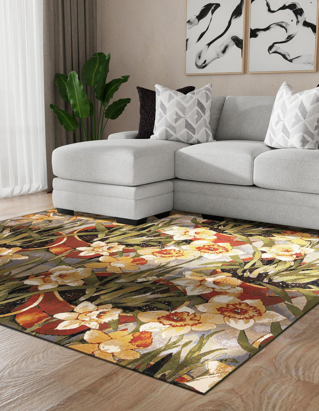 Multicolor 7' 10 x 7' 10 Outdoor Botanical Square Area Rug Weather Resistant for Patio, Deck, Terrace, Balcony, Porch Polypropylene Garden Floral Tropical Carpet for Sale at Rug Engine