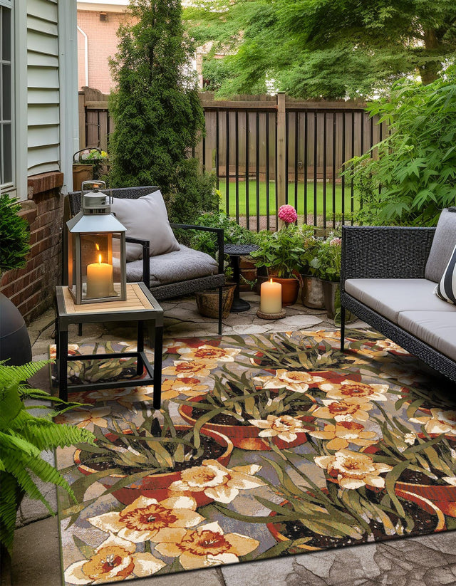 Multicolor 7' 10 x 7' 10 Outdoor Botanical Square Area Rug Weather Resistant for Patio, Deck, Terrace, Balcony, Porch Polypropylene Garden Floral Tropical Carpet for Sale at Rug Engine