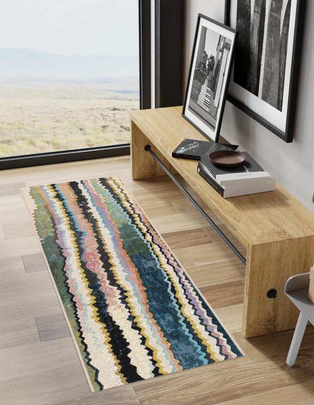 Multicolor 2' 7 x 12' Outdoor Modern Runner Area Rug Weather Resistant for Patio, Deck, Terrace, Balcony, Porch 100% Polypropylene Modern Outside Carpet for Sale at Rug Engine