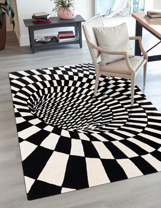 Black and White 3' 3 x 5' 3 Vortex Wool Rectangle Area Rug Hand Tufted 100% Wool Pile & Cotton Backing All Natural Luxury 3D Carpet for Sale at Rug Engine