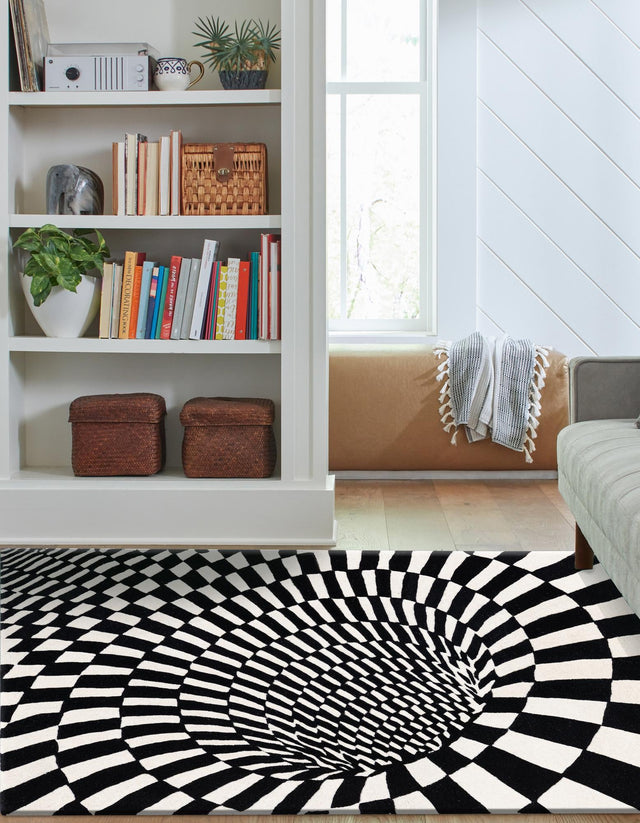 Black and White 3' 3 x 5' 3 Vortex Wool Rectangle Area Rug Hand Tufted 100% Wool Pile & Cotton Backing All Natural Luxury 3D Carpet for Sale at Rug Engine