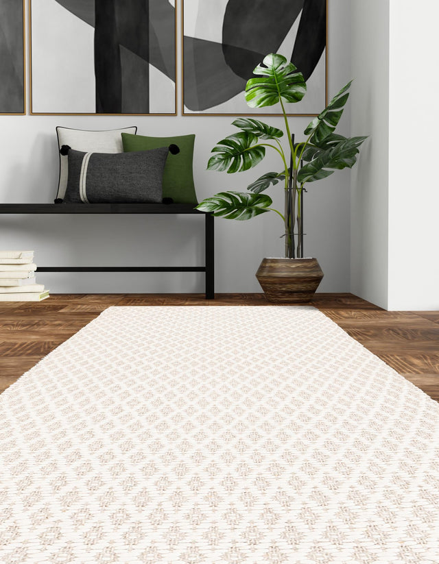 Ivory 2' x 5' 1 Lattice Wool Runner Area Rug All Natural Hand Woven Geometric Wool Carpet for Living, Dining, Office, Dorm Room Indoor Decor for Sale at Rug Engine