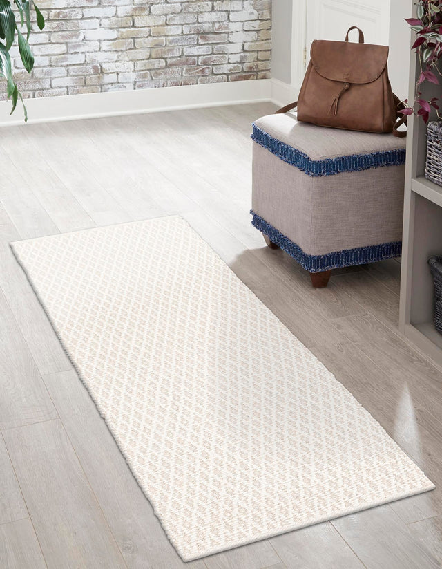 Ivory 3' 3 x 12' Lattice Wool Runner Area Rug All Natural Hand Woven Geometric Wool Carpet for Living, Dining, Office, Dorm Room Indoor Decor for Sale at Rug Engine