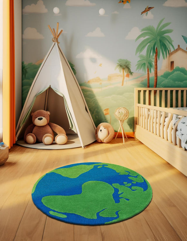 Blue and Green 5' 1 x 5' 1 Playtime Kids Wool Freeform Area Rug for Baby Nursery, Toddler Playroom, Bedrooms Hand Tufted High Quality Dense Wool Pile Natural Carpet for Sale at Rug Engine