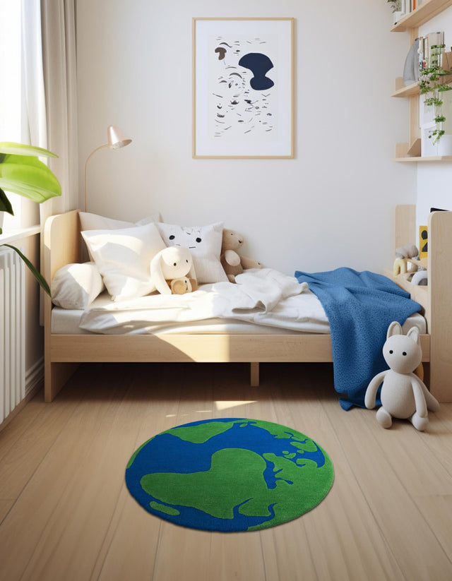 Blue and Green 7' 10 x 7' 10 Playtime Kids Wool Freeform Area Rug for Baby Nursery, Toddler Playroom, Bedrooms Hand Tufted High Quality Dense Wool Pile Natural Carpet for Sale at Rug Engine