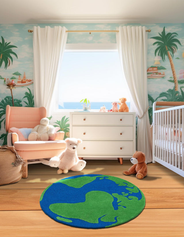 Blue and Green 4' 1 x 4' 1 Playtime Kids Wool Freeform Area Rug for Baby Nursery, Toddler Playroom, Bedrooms Hand Tufted High Quality Dense Wool Pile Natural Carpet for Sale at Rug Engine