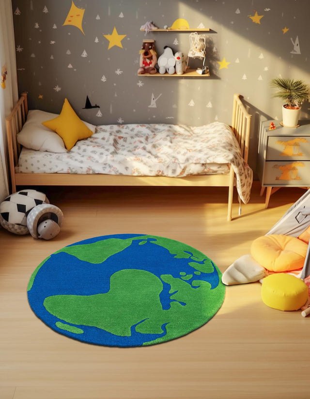 Blue and Green 3' 1 x 3' 1 Playtime Kids Wool Freeform Area Rug for Baby Nursery, Toddler Playroom, Bedrooms Hand Tufted High Quality Dense Wool Pile Natural Carpet for Sale at Rug Engine