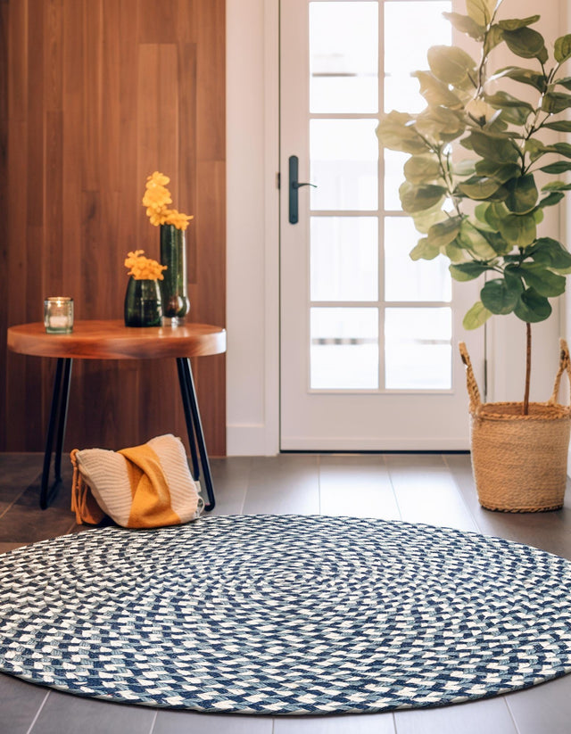 Navy Blue 4' 1 x 4' 1 Tweed Braided Jute Round Area Rug 100% All Natural Jute Hand Braided in India Carpet for Unique Luxury Home Interiors for Sale at Rug Engine