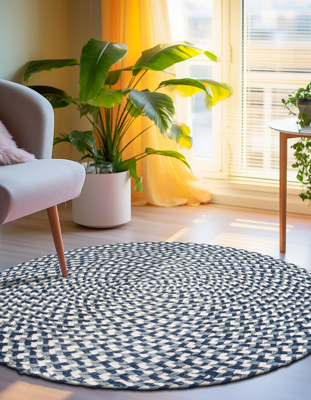 Navy Blue 7' 10 x 7' 10 Tweed Braided Jute Round Area Rug 100% All Natural Jute Hand Braided in India Carpet for Unique Luxury Home Interiors for Sale at Rug Engine