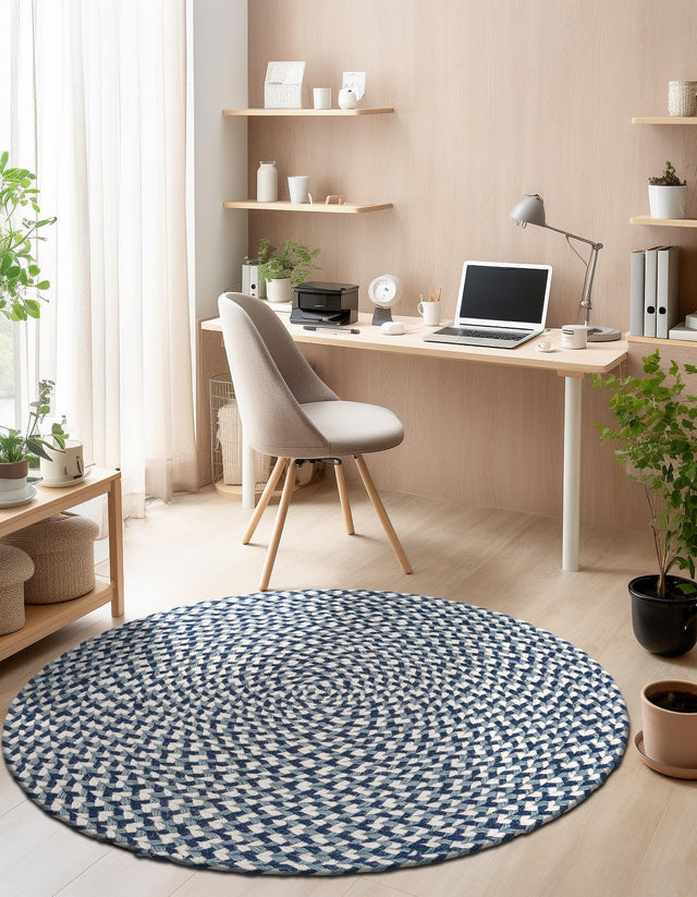 Navy Blue 3' 1 x 3' 1 Tweed Braided Jute Round Area Rug 100% All Natural Jute Hand Braided in India Carpet for Unique Luxury Home Interiors for Sale at Rug Engine
