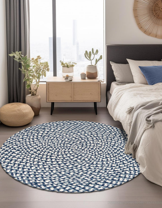 Navy Blue 4' 1 x 4' 1 Tweed Braided Jute Round Area Rug 100% All Natural Jute Hand Braided in India Carpet for Unique Luxury Home Interiors for Sale at Rug Engine