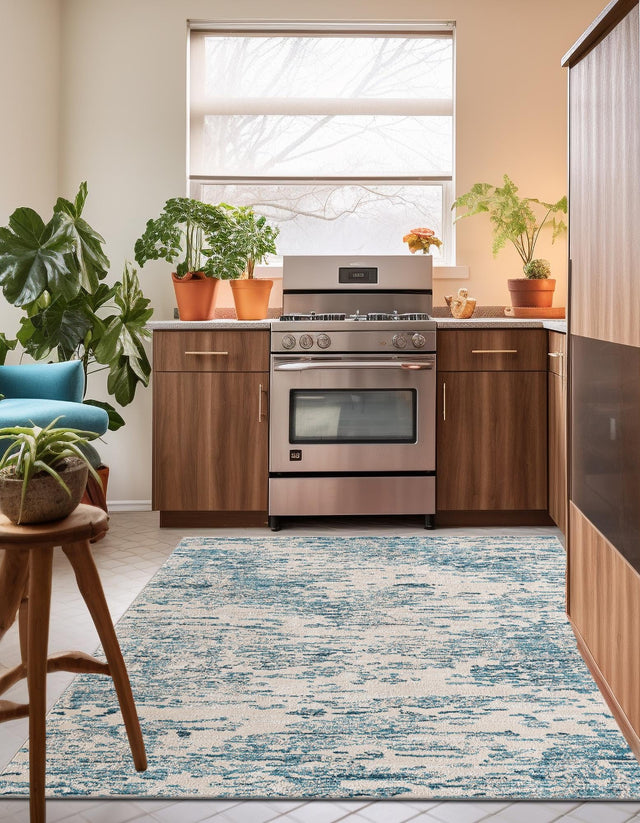 Blue 7' 1 x 7' 1 Oasis Square Area Rug 65% Polypropylene & 35% Polyester Contemporary Carpet for Living Rooms, Bedroom, Kitchen, Dining, Office for Sale at Rug Engine