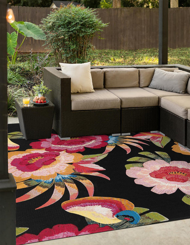 Multicolor 7' 10 x 7' 10 Outdoor Botanical Square Area Rug Weather Resistant for Patio, Deck, Terrace, Balcony, Porch Polypropylene Garden Floral Tropical Carpet for Sale at Rug Engine