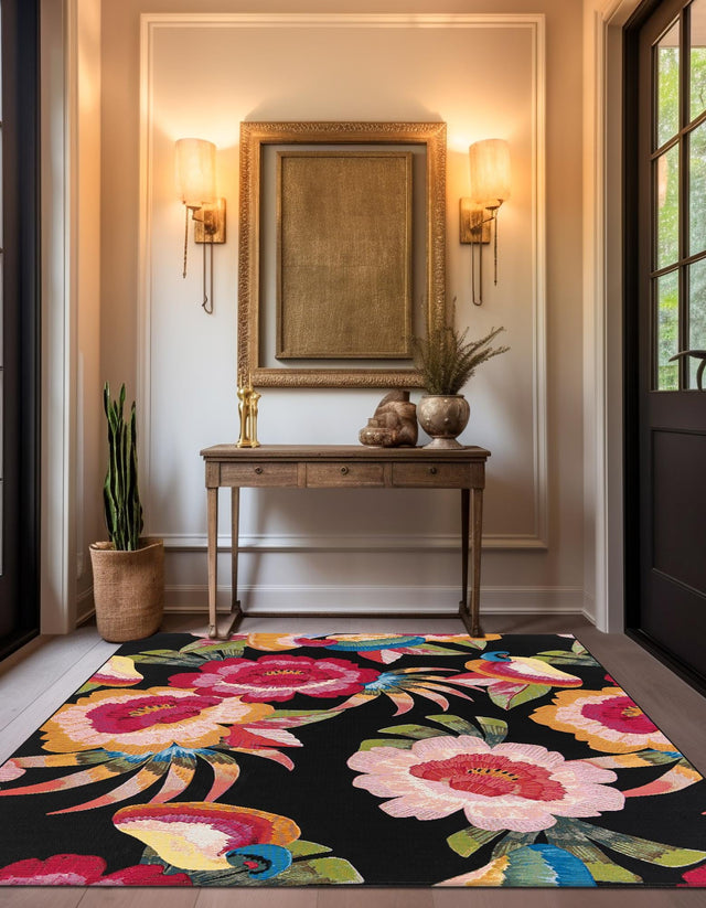 Multicolor 7' 10 x 7' 10 Outdoor Botanical Square Area Rug Weather Resistant for Patio, Deck, Terrace, Balcony, Porch Polypropylene Garden Floral Tropical Carpet for Sale at Rug Engine