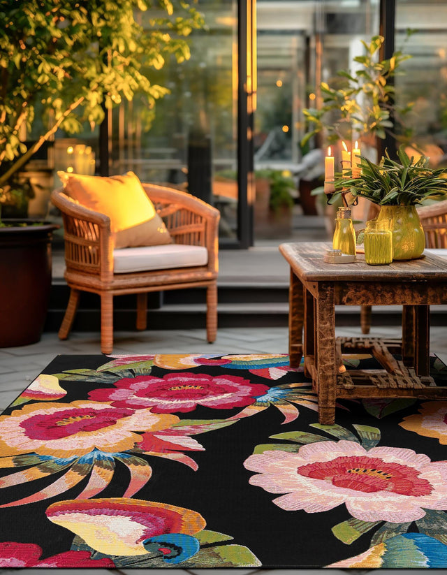 Multicolor 7' 10 x 7' 10 Outdoor Botanical Square Area Rug Weather Resistant for Patio, Deck, Terrace, Balcony, Porch Polypropylene Garden Floral Tropical Carpet for Sale at Rug Engine