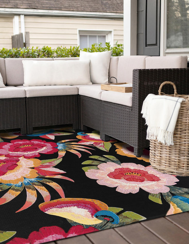 Multicolor 7' 10 x 7' 10 Outdoor Botanical Square Area Rug Weather Resistant for Patio, Deck, Terrace, Balcony, Porch Polypropylene Garden Floral Tropical Carpet for Sale at Rug Engine