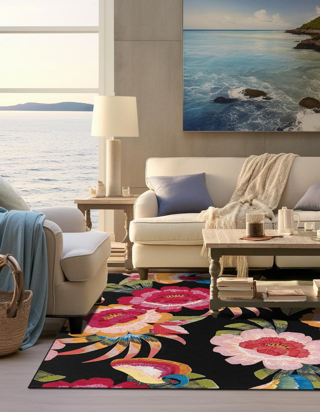 Multicolor 7' 10 x 7' 10 Outdoor Botanical Square Area Rug Weather Resistant for Patio, Deck, Terrace, Balcony, Porch Polypropylene Garden Floral Tropical Carpet for Sale at Rug Engine