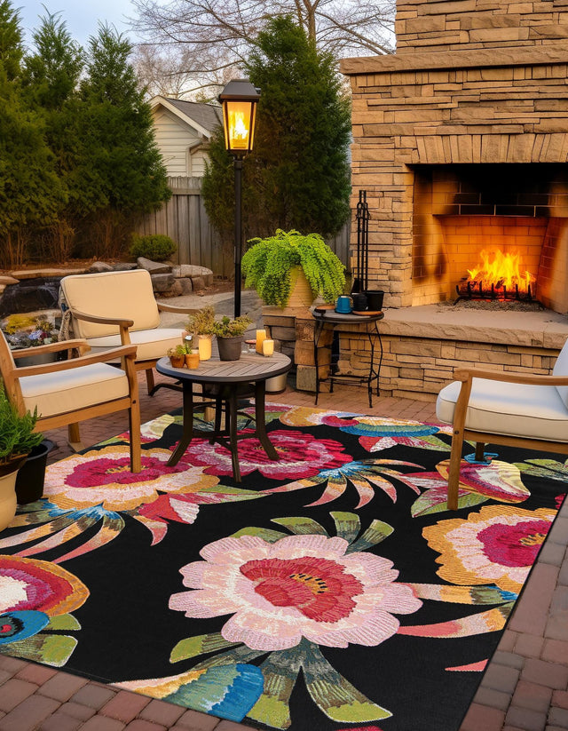 Multicolor 7' 10 x 7' 10 Outdoor Botanical Square Area Rug Weather Resistant for Patio, Deck, Terrace, Balcony, Porch Polypropylene Garden Floral Tropical Carpet for Sale at Rug Engine
