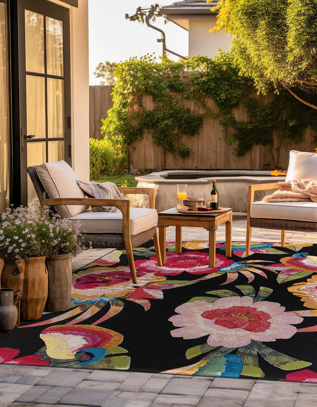 Multicolor 7' 10 x 7' 10 Outdoor Botanical Square Area Rug Weather Resistant for Patio, Deck, Terrace, Balcony, Porch Polypropylene Garden Floral Tropical Carpet for Sale at Rug Engine