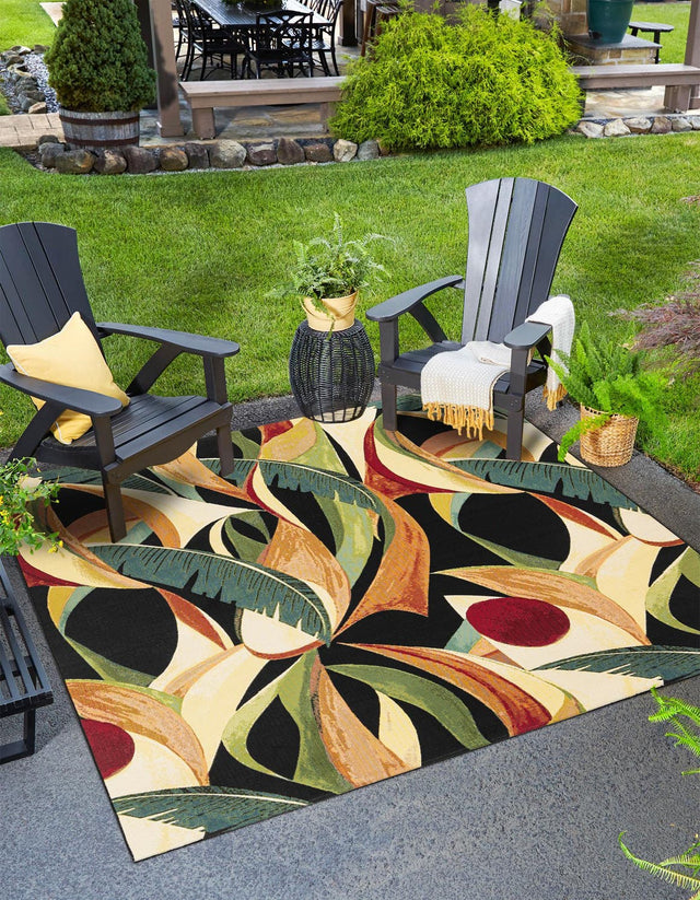 Multicolor 7' 10 x 7' 10 Outdoor Botanical Square Area Rug Weather Resistant for Patio, Deck, Terrace, Balcony, Porch Polypropylene Garden Floral Tropical Carpet for Sale at Rug Engine