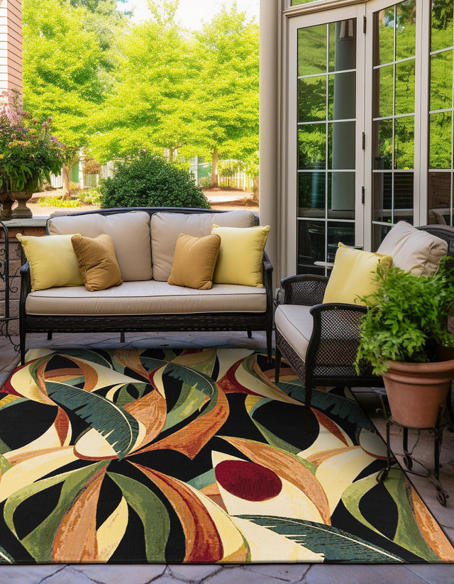 Multicolor 7' 10 x 7' 10 Outdoor Botanical Square Area Rug Weather Resistant for Patio, Deck, Terrace, Balcony, Porch Polypropylene Garden Floral Tropical Carpet for Sale at Rug Engine