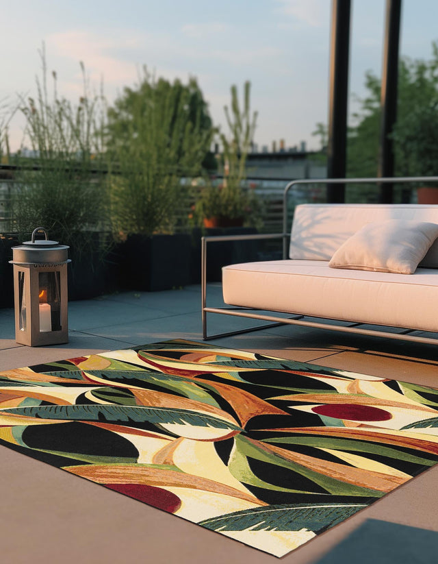 Multicolor 7' 10 x 7' 10 Outdoor Botanical Square Area Rug Weather Resistant for Patio, Deck, Terrace, Balcony, Porch Polypropylene Garden Floral Tropical Carpet for Sale at Rug Engine