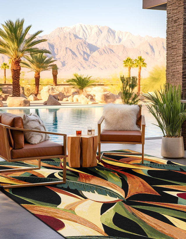 Multicolor 7' 10 x 7' 10 Outdoor Botanical Square Area Rug Weather Resistant for Patio, Deck, Terrace, Balcony, Porch Polypropylene Garden Floral Tropical Carpet for Sale at Rug Engine
