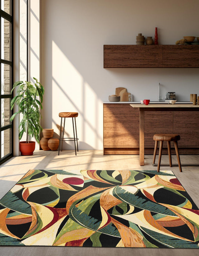 Multicolor 7' 10 x 7' 10 Outdoor Botanical Square Area Rug Weather Resistant for Patio, Deck, Terrace, Balcony, Porch Polypropylene Garden Floral Tropical Carpet for Sale at Rug Engine