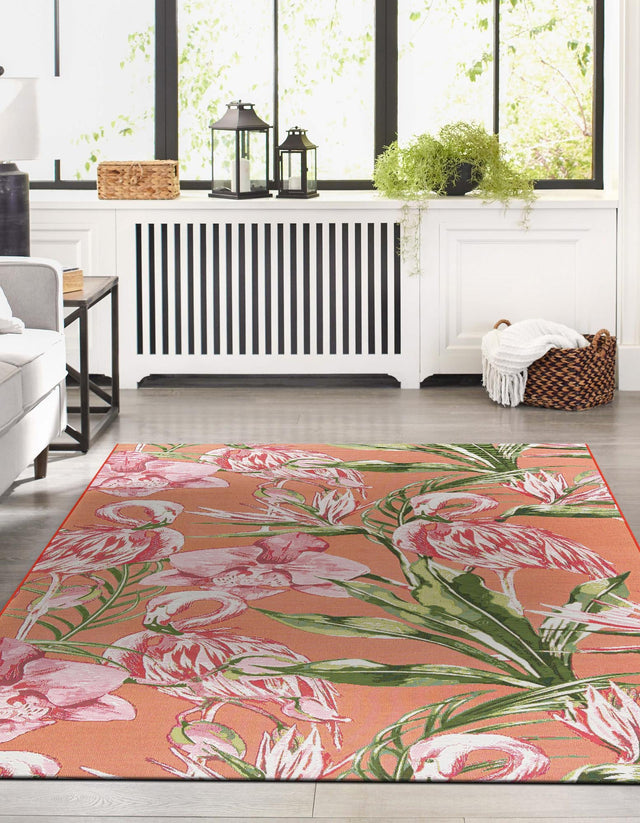 Coral 4' 1 x 6' 1 Outdoor Botanical Rectangle Area Rug Weather Resistant for Patio, Deck, Terrace, Balcony, Porch Polypropylene Garden Floral Tropical Carpet for Sale at Rug Engine