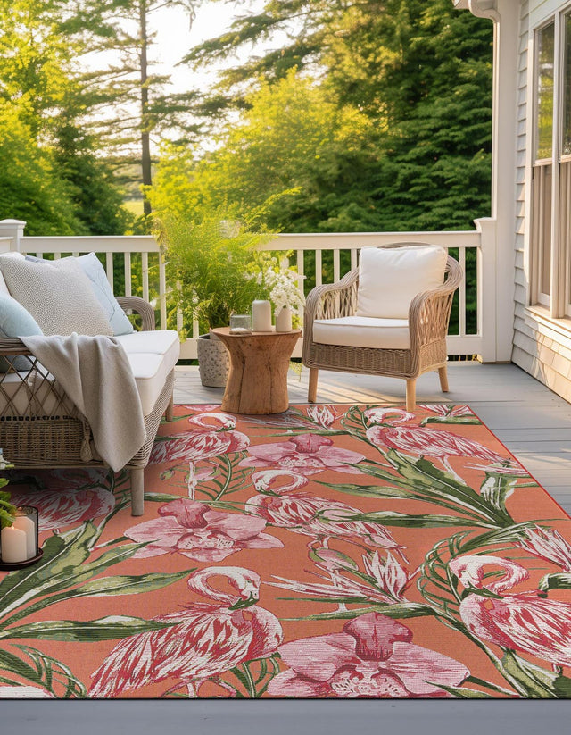 Coral 7' 10 x 7' 10 Outdoor Botanical Square Area Rug Weather Resistant for Patio, Deck, Terrace, Balcony, Porch Polypropylene Garden Floral Tropical Carpet for Sale at Rug Engine