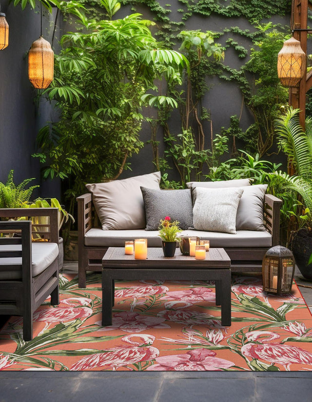 Coral 7' 10 x 7' 10 Outdoor Botanical Square Area Rug Weather Resistant for Patio, Deck, Terrace, Balcony, Porch Polypropylene Garden Floral Tropical Carpet for Sale at Rug Engine