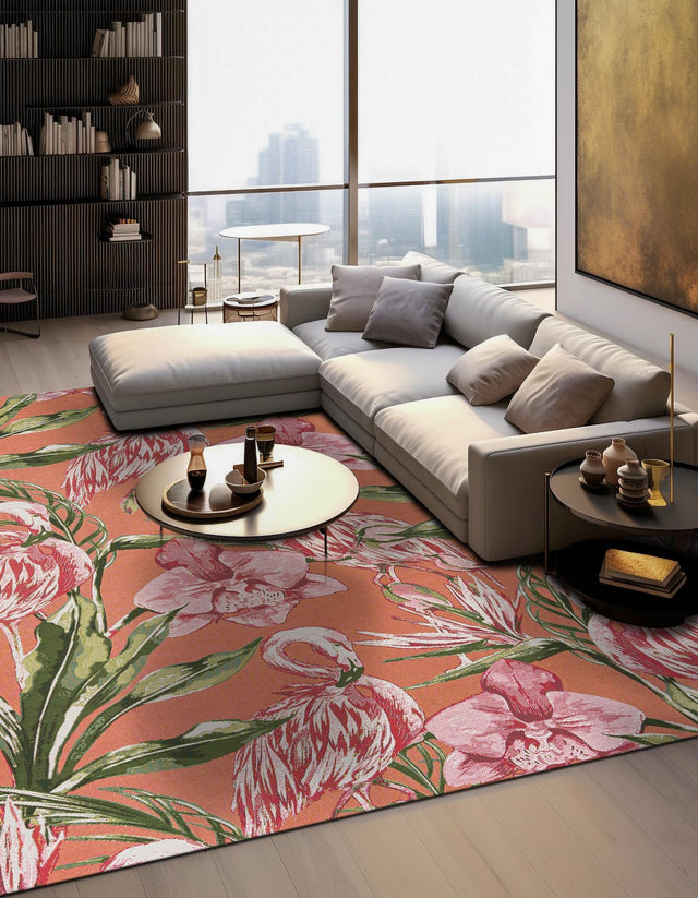 Coral 7' 10 x 7' 10 Outdoor Botanical Square Area Rug Weather Resistant for Patio, Deck, Terrace, Balcony, Porch Polypropylene Garden Floral Tropical Carpet for Sale at Rug Engine