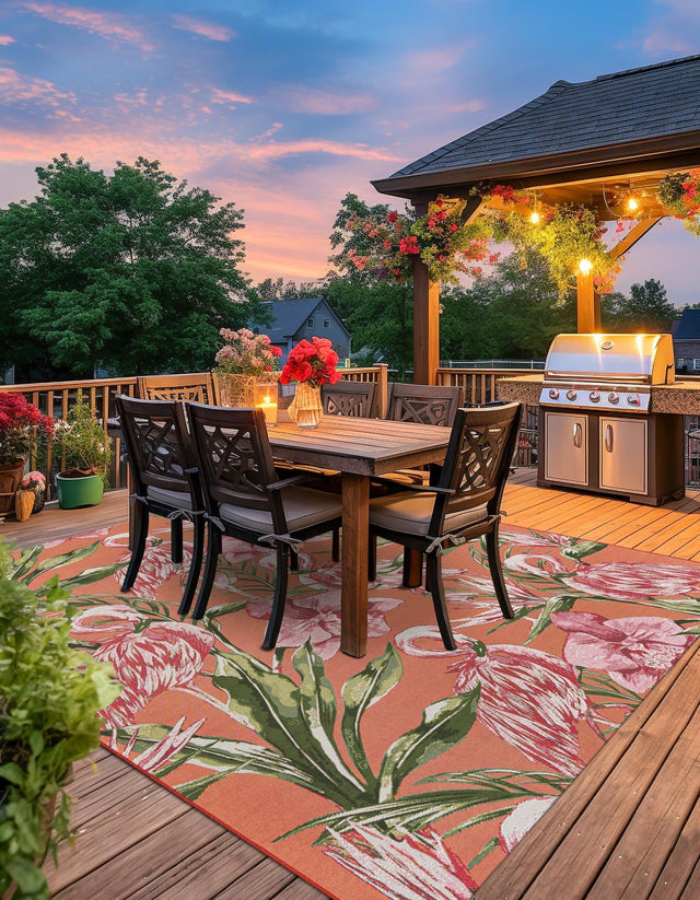 Coral 7' 10 x 7' 10 Outdoor Botanical Square Area Rug Weather Resistant for Patio, Deck, Terrace, Balcony, Porch Polypropylene Garden Floral Tropical Carpet for Sale at Rug Engine