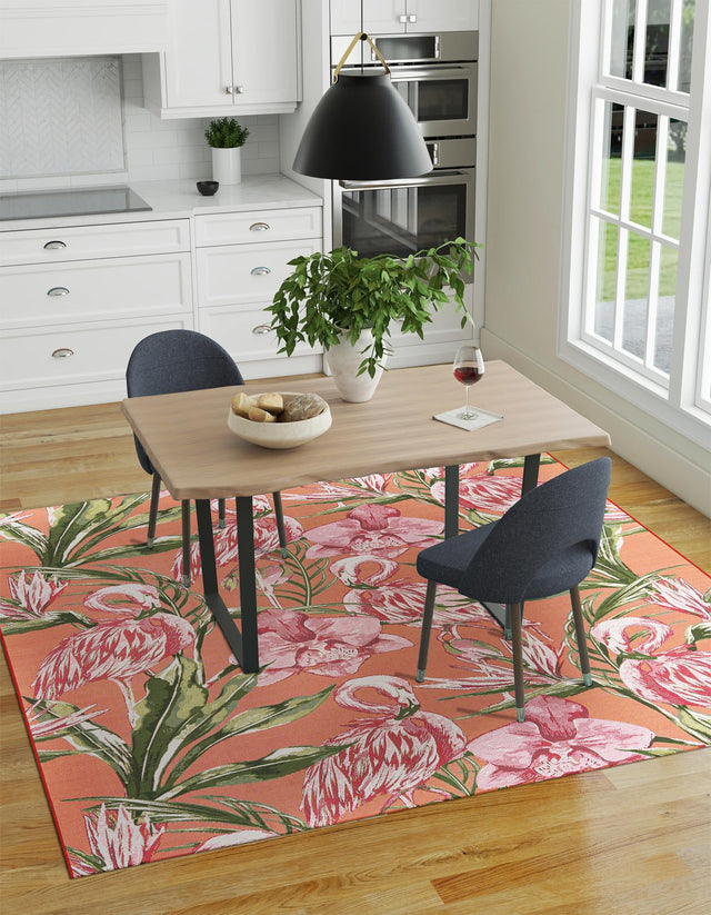 Coral 7' 10 x 7' 10 Outdoor Botanical Square Area Rug Weather Resistant for Patio, Deck, Terrace, Balcony, Porch Polypropylene Garden Floral Tropical Carpet for Sale at Rug Engine