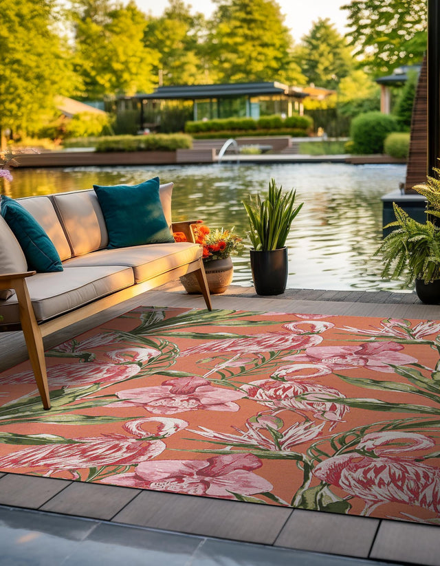 Coral 7' 10 x 7' 10 Outdoor Botanical Square Area Rug Weather Resistant for Patio, Deck, Terrace, Balcony, Porch Polypropylene Garden Floral Tropical Carpet for Sale at Rug Engine