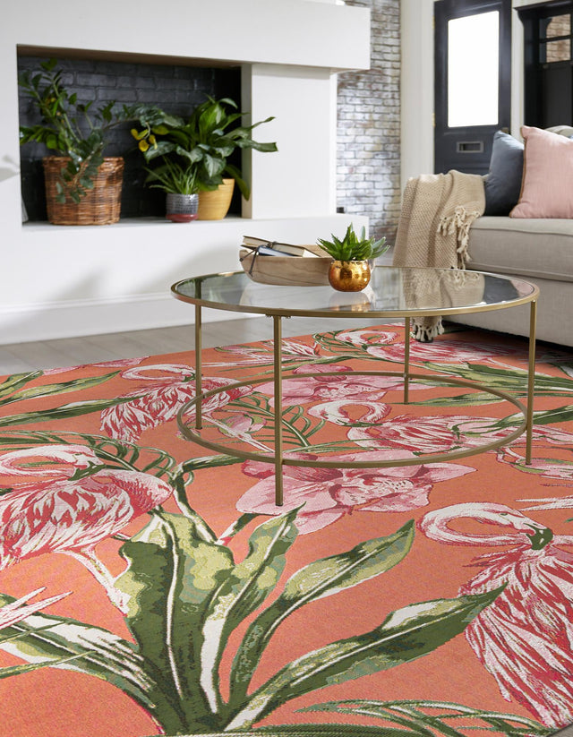 Coral 7' 10 x 7' 10 Outdoor Botanical Square Area Rug Weather Resistant for Patio, Deck, Terrace, Balcony, Porch Polypropylene Garden Floral Tropical Carpet for Sale at Rug Engine