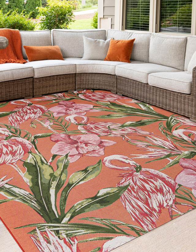 Coral 7' 10 x 7' 10 Outdoor Botanical Square Area Rug Weather Resistant for Patio, Deck, Terrace, Balcony, Porch Polypropylene Garden Floral Tropical Carpet for Sale at Rug Engine