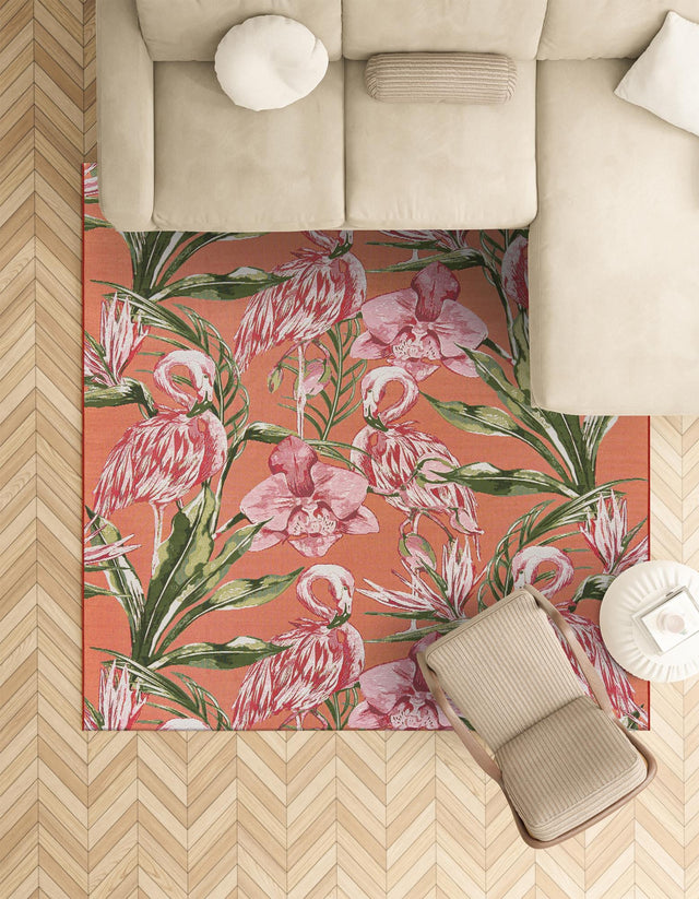 Coral 7' 10 x 7' 10 Outdoor Botanical Square Area Rug Weather Resistant for Patio, Deck, Terrace, Balcony, Porch Polypropylene Garden Floral Tropical Carpet for Sale at Rug Engine