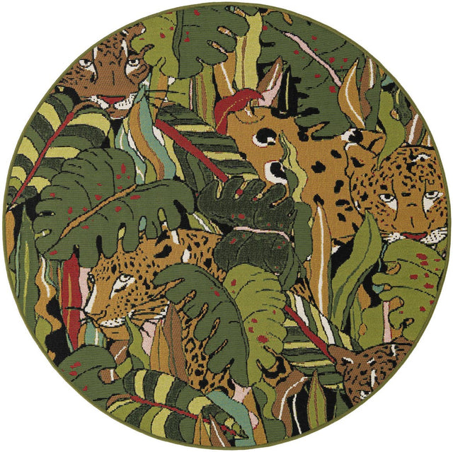 Green 4' 1 x 4' 1 Outdoor Botanical Round Area Rug Weather Resistant for Patio, Deck, Terrace, Balcony, Porch Polypropylene Garden Floral Tropical Carpet for Sale at Rug Engine