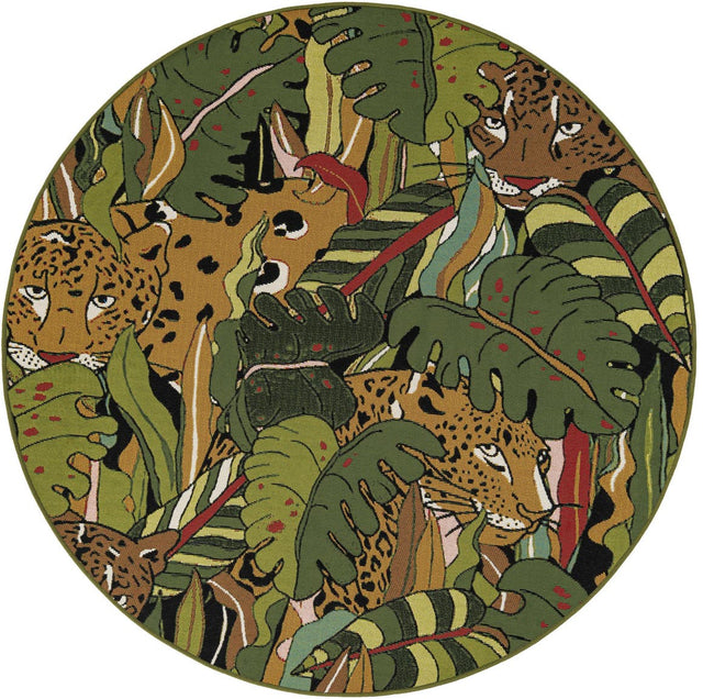 Green 5' 1 x 5' 1 Outdoor Botanical Round Area Rug Weather Resistant for Patio, Deck, Terrace, Balcony, Porch Polypropylene Garden Floral Tropical Carpet for Sale at Rug Engine
