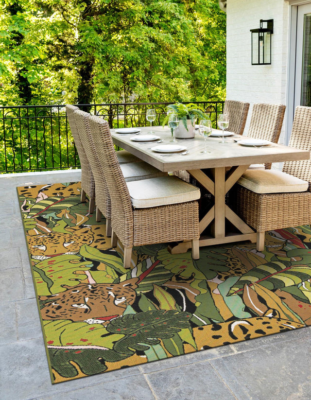 Green 5' 1 x 8' Outdoor Botanical Rectangle Area Rug Weather Resistant for Patio, Deck, Terrace, Balcony, Porch Polypropylene Garden Floral Tropical Carpet for Sale at Rug Engine