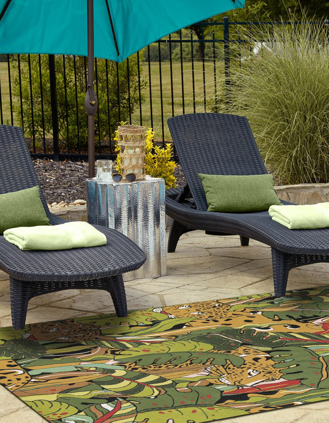 Green 6' 1 x 9' Outdoor Botanical Rectangle Area Rug Weather Resistant for Patio, Deck, Terrace, Balcony, Porch Polypropylene Garden Floral Tropical Carpet for Sale at Rug Engine